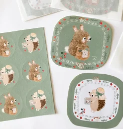 Cottontails Baby Stickers & Stationery|Bunny Cards & Stationery|Handmade Paper Stickers - Hedgehog & Bunny
