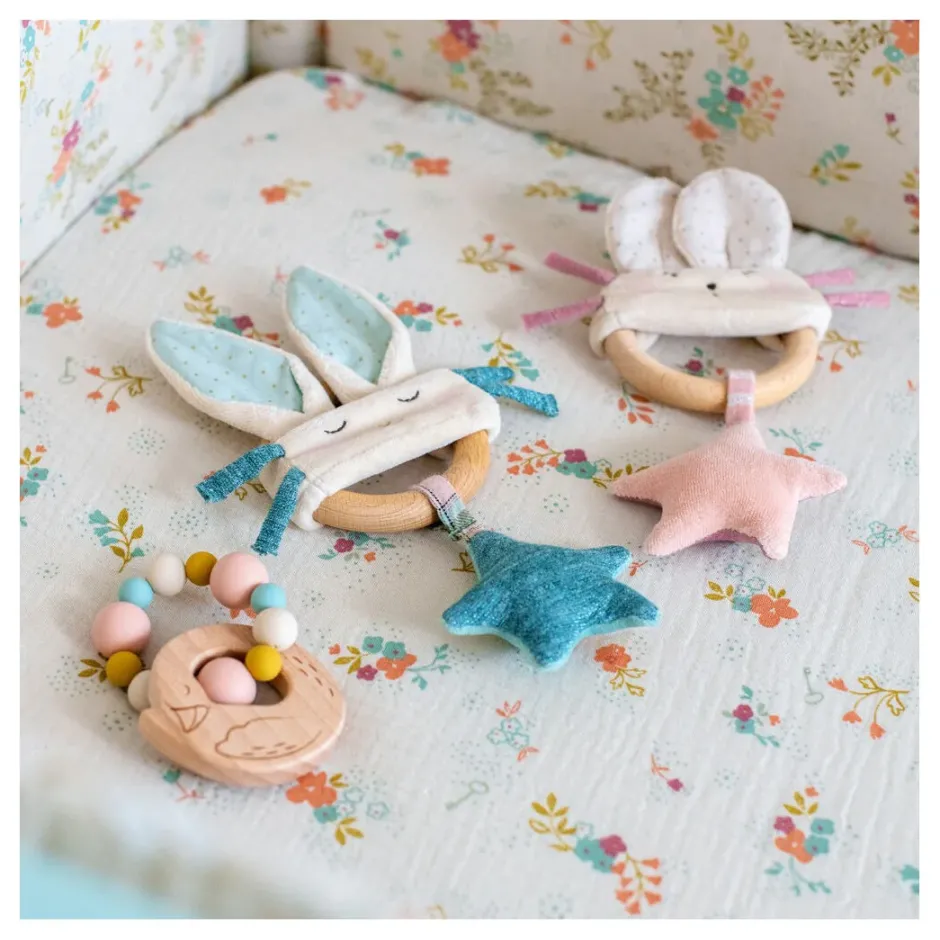 Cottontails Baby Comforters & Rattles|Moulin Roty wooden ring rattle - pink & cream mouse