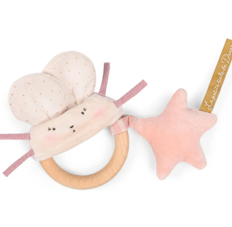 Cottontails Baby Comforters & Rattles|Moulin Roty wooden ring rattle - pink & cream mouse