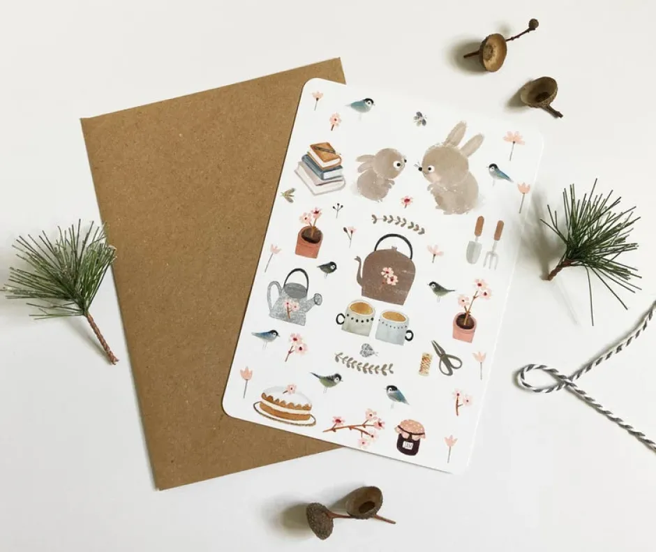 Cottontails Baby Cards|Bunny Cards & Stationery|Postcard & Envelope - Bunny Teatime