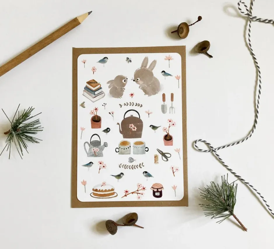 Cottontails Baby Cards|Bunny Cards & Stationery|Postcard & Envelope - Bunny Teatime