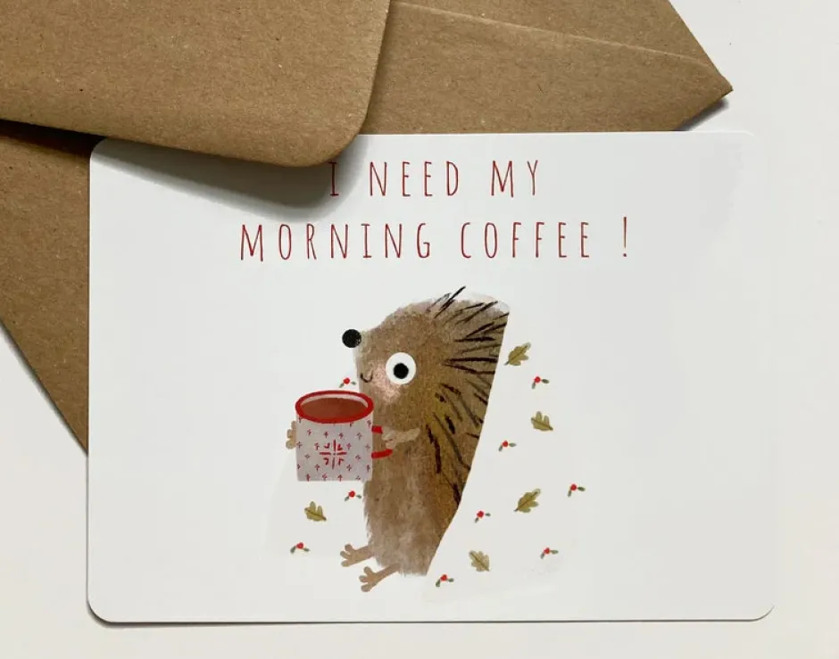 Cottontails Baby Cards|Postcard & Envelope - Hedgehog & Morning Coffee